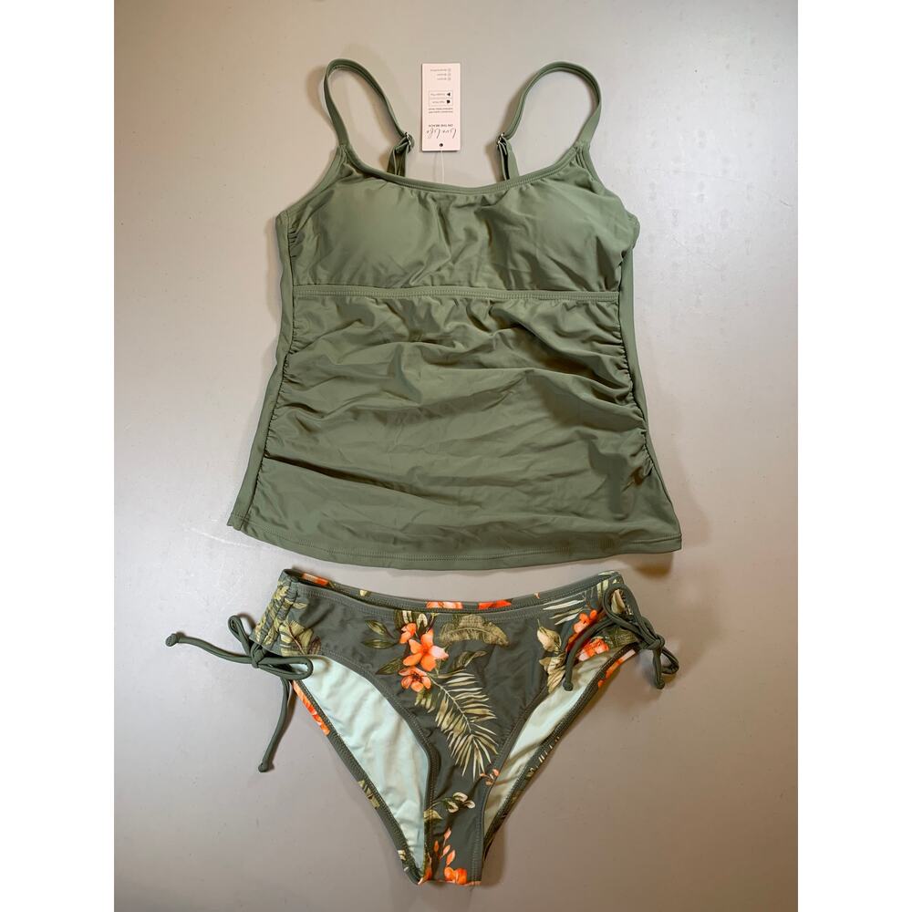 NWT Cupshe Green Floral Tankini Swimsuit with Side Tie Bottoms Size Small